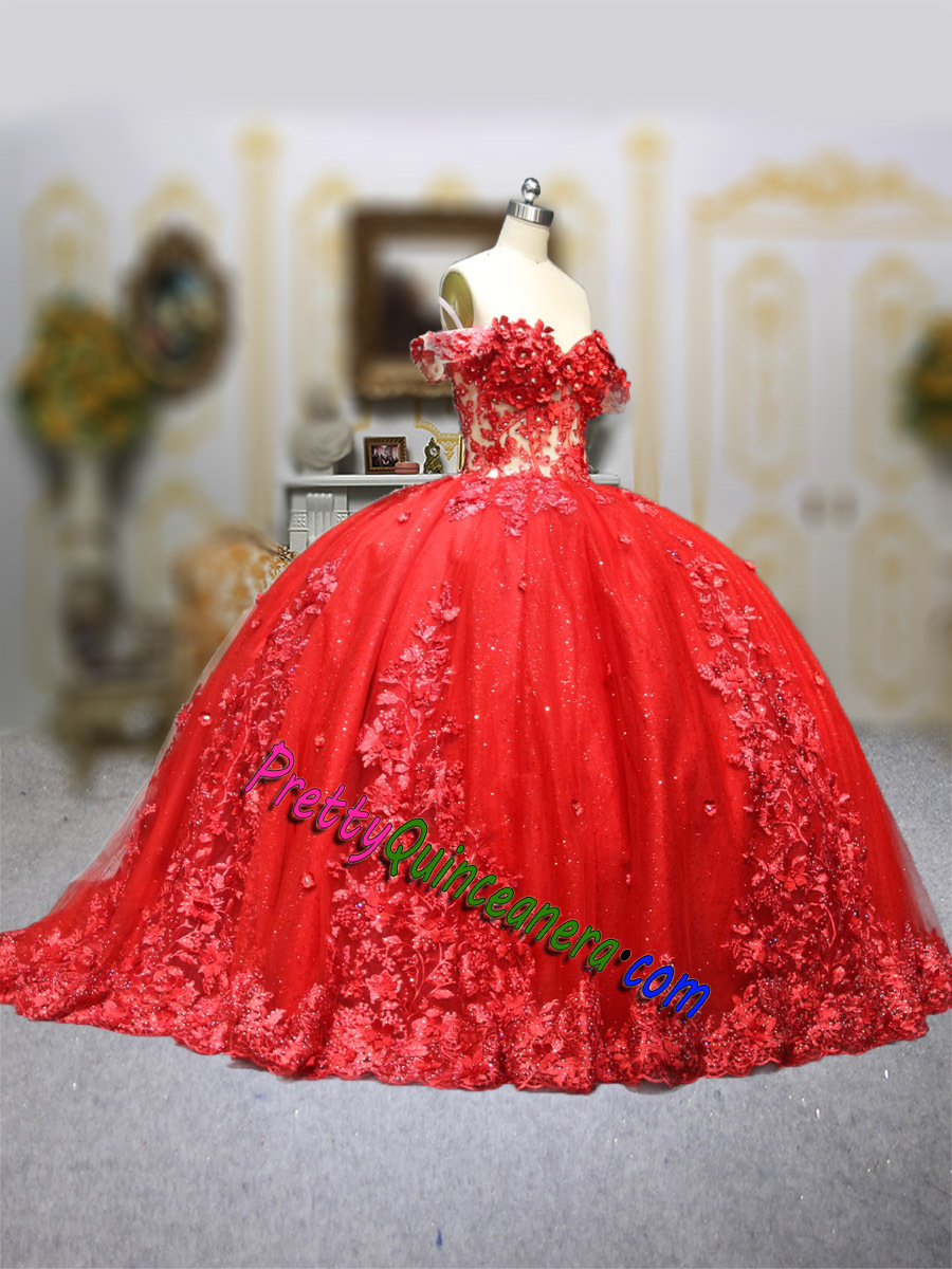 Wholesale Red 3D Floral Off Shoulder Illusion Bodice Quinceanera Gown with Sweep Train
