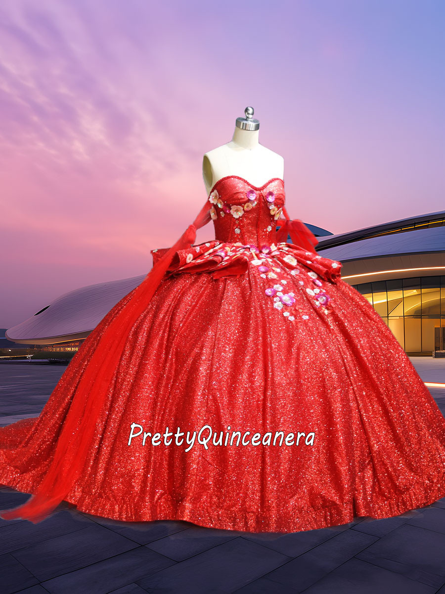 Red Sweetheart Sequins Flowers Glitter Quinceanera Dress with Ruffled Layers