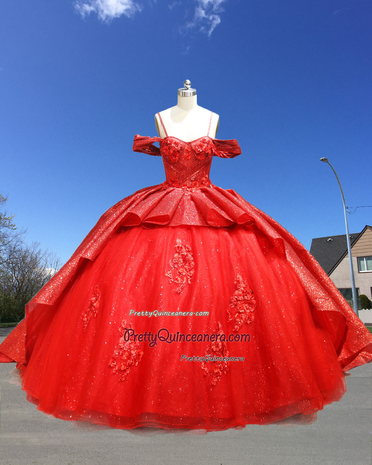 Bright Red Straps Bush Train Ruffled Layer Cross Front 2 Pieces Quinceanera Dress