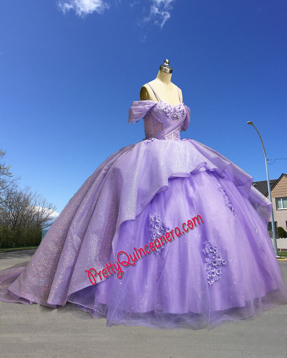 Glitter Tulle Lavender Off Shoulder Straps 3D Floral Quinceanera Dress with Train