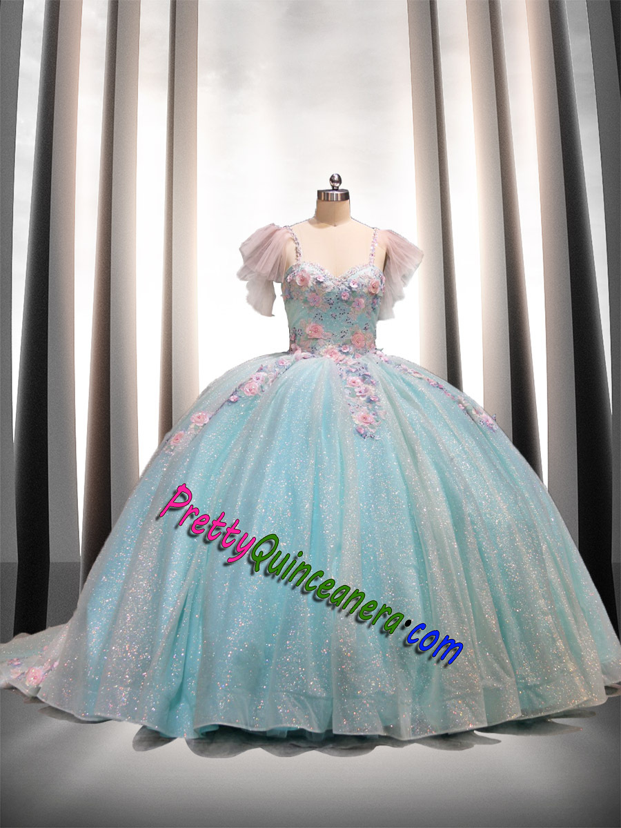Aqua Mint Sweetheart Straps Cap Sleeve Multi-color Floral Quinceanera Dress with Train