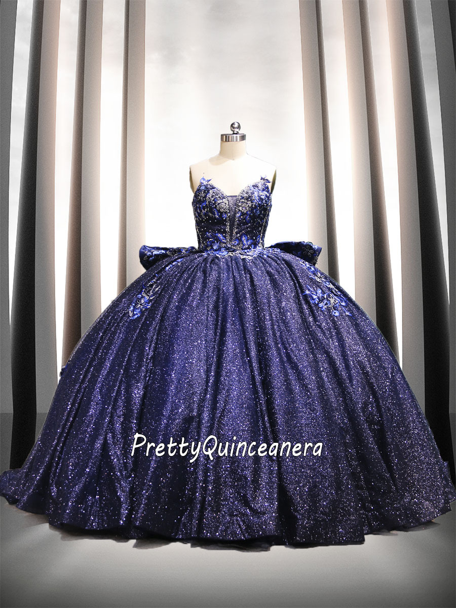 Cheap Navy Detachable Cap Sleeves Glitter Tulle Quinceanera Dress with 3D Appliques