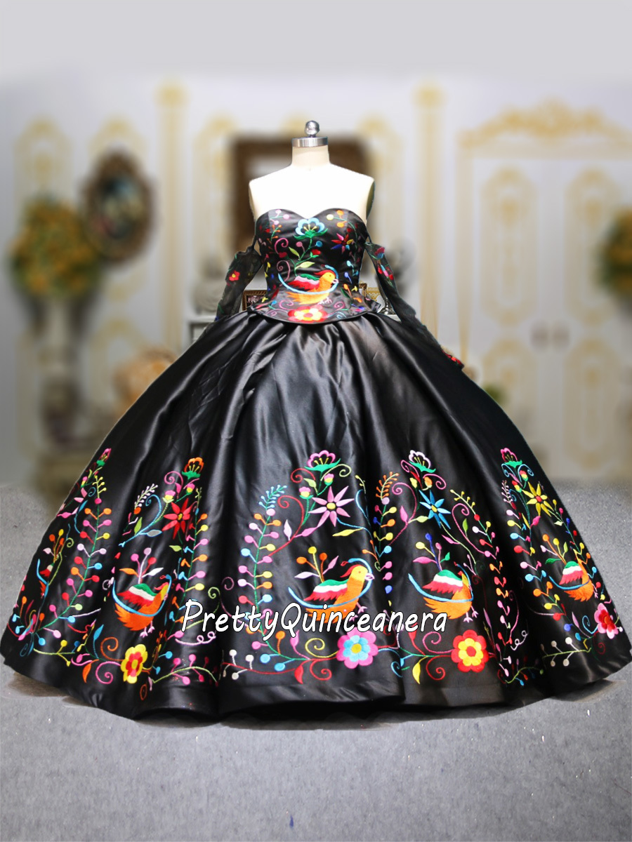 Black Satin Long Sleeves Mexican Charra Detachable Quinceañera Dress Embroidered Floral Parrots Custom Made