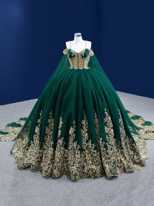 High Waist See Through Bodice Emerald Green and Gold Quinceanera Dress with Cape